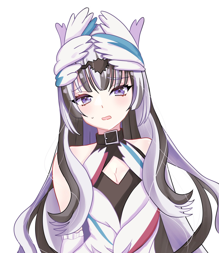 1girl absurdres black_hair blunt_bangs choker dress feather_hair_ornament feathers fire_emblem fire_emblem_engage hair_ornament highres long_hair looking_at_viewer multicolored_hair n_54 open_mouth solo sweatdrop two-tone_hair upper_body veyle_(fire_emblem) violet_eyes white_background white_dress white_hair