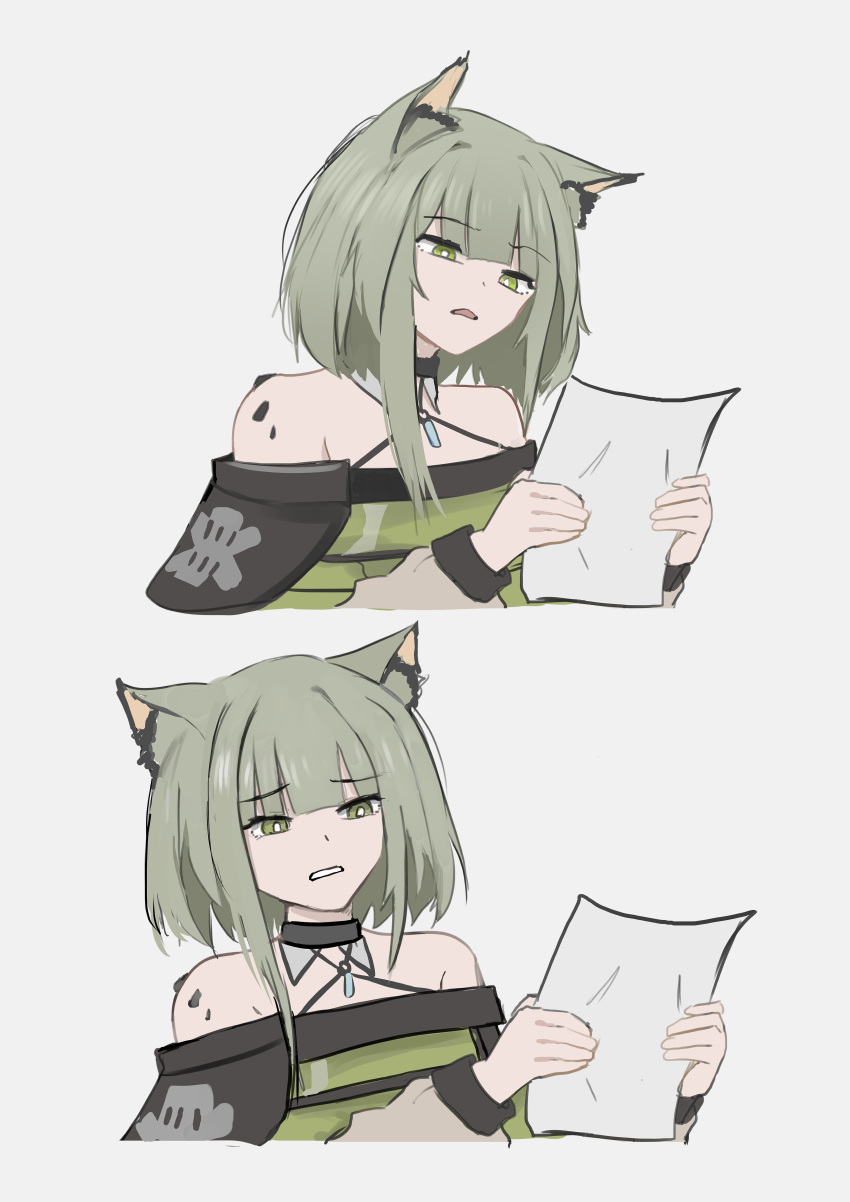 1girl absurdres animal_ear_fluff animal_ears arknights bare_shoulders black_choker choker clenched_teeth commentary dress english_commentary green_dress green_eyes green_hair head_tilt highres holding holding_paper kal'tsit_(arknights) long_sleeves looking_at_object lynx_ears lynx_girl medium_hair off-shoulder_dress off_shoulder open_mouth oripathy_lesion_(arknights) paper sidelocks simple_background solo teeth wawamachi_(wawamachis) white_background winnie_the_pooh