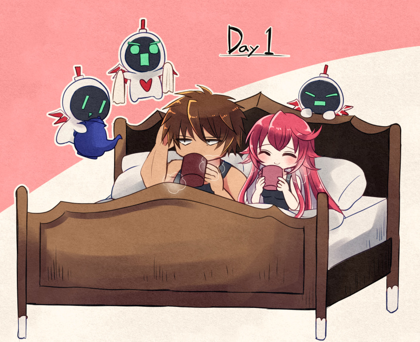 bed breasts brown_hair coffee coffee_mug couple cup guilty_gear guilty_gear_strive highres husband_and_wife jack-o'_valentine kana-de mug redhead sol_badguy