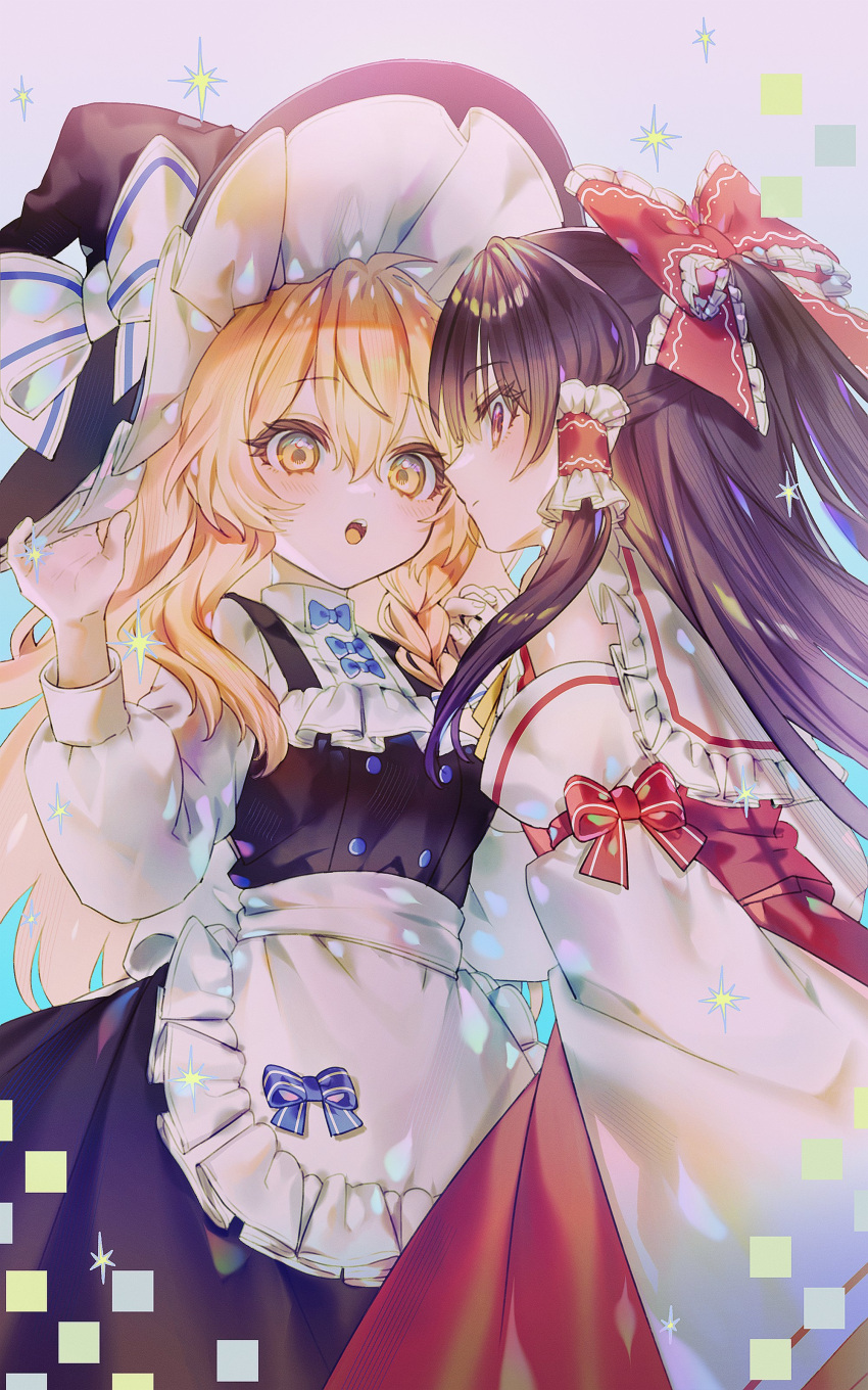 2girls :o absurdres bare_shoulders blonde_hair bow breasts brown_hair cowboy_shot detached_sleeves frilled_shirt_collar frills grey_background hakurei_reimu hand_up hat hat_bow here_(hr_rz_ggg) highres holding_hands interlocked_fingers kirisame_marisa long_hair looking_at_another medium_breasts multiple_girls open_mouth pink_eyes profile red_vest simple_background sparkle touhou vest white_bow witch_hat yellow_eyes yuri