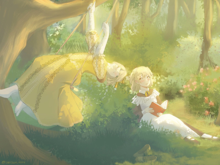 2girls akita_neru aku_no_musume_(vocaloid) alternate_universe apron barefoot black_dress blonde_hair blue_eyes blush branch bush collared_dress dress elbow_gloves evillious_nendaiki fine_art_parody foliage frilled_apron frills gloves grass grin half-siblings highres kagamine_rin leaning_back looking_at_another maid multiple_girls ney_phutapie on_grass on_ground parody parted_lips reading riliane_lucifen_d'autriche sansan_4444 shoes shoes_removed sitting smile swing swinging the_swing tree white_apron white_gloves yellow_dress yellow_eyes