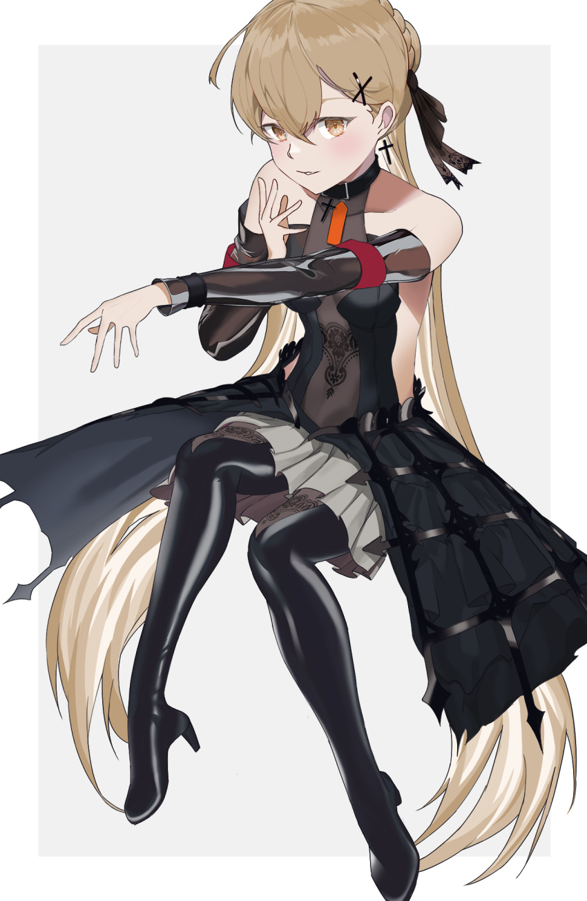 1girl backless_dress backless_outfit bare_shoulders boots braid brown_eyes collar cross cross_earrings detached_sleeves dress earrings full_body girls_frontline hair_ornament hair_ribbon hairclip highres ilwrs jewelry leather leather_boots leotard light_brown_hair long_hair looking_at_viewer outstretched_arm parted_lips ppk_(girls'_frontline) ribbon see-through see-through_leotard simple_background solo thigh_boots very_long_hair