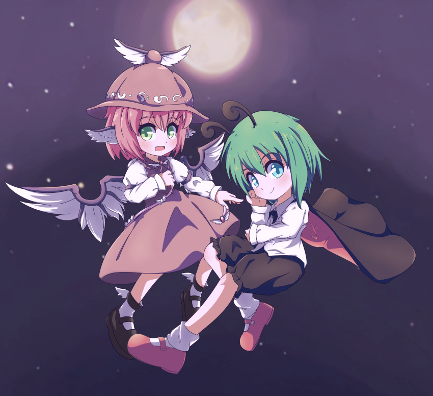 2girls absurdres animal_ears antennae bird_ears bird_wings black_cape black_footwear black_shorts blush brown_dress brown_headwear cape closed_mouth collared_shirt commentary_request dress feathered_wings flat_chest flying full_body full_moon green_eyes green_hair hair_between_eyes hat highres long_sleeves looking_at_viewer mary_janes medium_bangs moon multiple_girls mystia_lorelei open_mouth pinafore_dress pink_hair red_cape red_footwear shirt shoes short_hair shorts sky sleeveless sleeveless_dress smile socks star_(sky) starry_sky teeramet touhou two-sided_cape two-sided_fabric white_shirt white_wings winged_hat wings wriggle_nightbug
