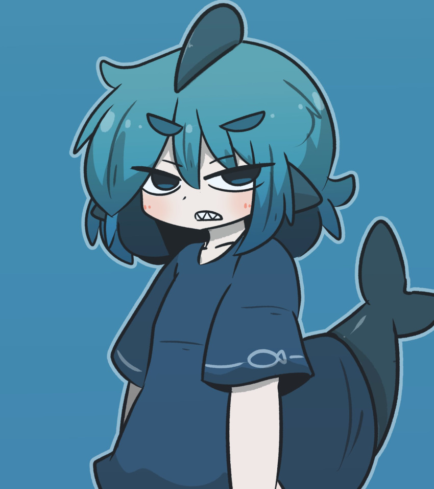 1girl blue_background blue_eyes blue_hair blue_shirt blush collarbone commentary_request fins fish_tail fuka-chan hair_between_eyes highres looking_at_viewer original shark_tail sharp_teeth shirt short_eyebrows short_sleeves simple_background solo tail teeth thick_eyebrows uni_souchou upper_body v-shaped_eyebrows