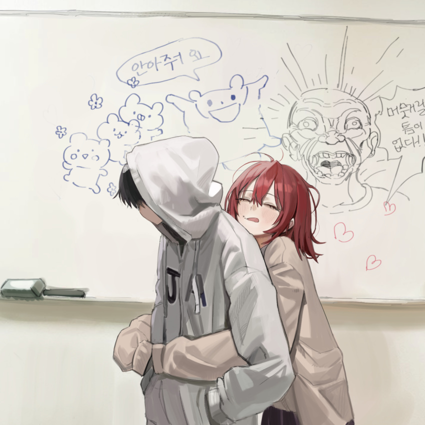 1boy 1girl :p black_hair black_skirt character_request closed_eyes copyright_request desk freng grappler_baki hands_in_pockets heart heart_print highres hood hoodie hug hug_from_behind pleated_skirt redhead school_desk skirt tagme tongue tongue_out