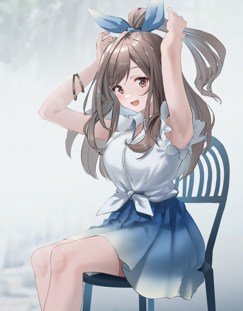 1girl armpits arms_up blue_ribbon blue_skirt blurry blurry_background blush bow breasts brown_eyes brown_hair dot_nose hair_bow hair_ribbon highres idolmaster idolmaster_shiny_colors large_breasts long_hair looking_at_viewer multiple_bracelets on_chair open_mouth ponytail ribbon shirt short_sleeves sitting skirt smile solo sthk swept_bangs tied_shirt tree tsukioka_kogane white_background white_shirt