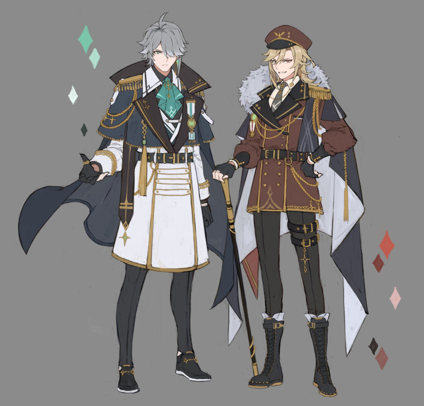 2boys aiguillette alhaitham_(genshin_impact) ascot belt black_belt black_footwear black_pants blonde_hair blue_cape boots cane cape chain coat epaulettes genshin_impact green_ascot green_eyes green_necktie grey_background grey_hair grin hat highres kaveh_(genshin_impact) looking_at_viewer military military_hat military_uniform multiple_boys necktie pants papajay_(jennygin2) peaked_cap red_coat red_eyes red_headwear shoes simple_background smile thigh_strap uniform white_coat wing_collar