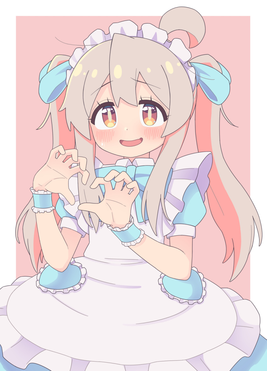 1girl :d ahoge alternate_costume alternate_hairstyle blue_bow blue_bowtie blue_ribbon blush bow bowtie brown_eyes commentary_request enmaided frilled_cuffs frills grey_hair hair_between_eyes hair_ribbon heart heart_hands highres long_hair looking_at_viewer maid maid_headdress multicolored_hair onii-chan_wa_oshimai! open_mouth oyama_mahiro pink_background pink_hair puffy_short_sleeves puffy_sleeves ribbon rundraw short_sleeves simple_background smile solo twintails two-tone_hair wrist_cuffs