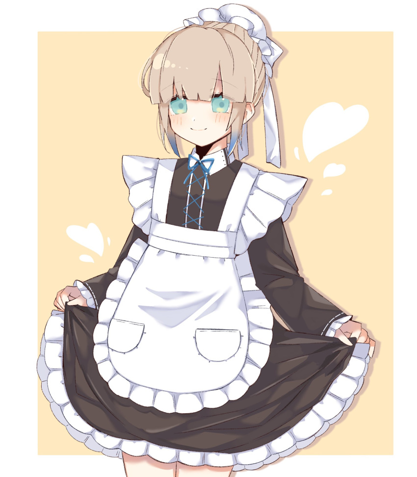 1girl alternate_costume apron baker_nemo_(fate) black_dress blonde_hair blue_bow blue_eyes blush border bow clothes_lift commentary dress enmaided fate/grand_order fate_(series) freedumco frilled_dress frilled_hat frilled_sleeves frills hat heart highres long_sleeves maid maid_apron mob_cap nemo_(fate) simple_background skirt skirt_lift smile solo white_apron white_border yellow_background