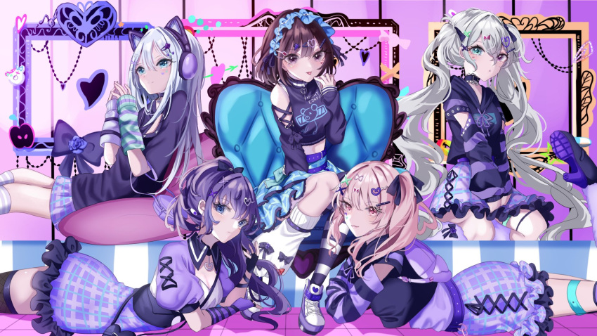 5girls animal_ears aoitenziku black_thighhighs brown_hair chair commentary fake_animal_ears frilled_hairband frills gothic hairband highres lying multicolored_background multicolored_eyes multiple_girls on_stomach picture_frame pillow pink_hair project_sekai purple_hair thigh-highs white_hair