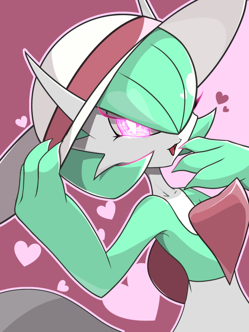 1girl adjusting_clothes adjusting_headwear arm_up bob_cut bright_pupils clothed_pokemon collarbone colored_skin commentary english_commentary flat_chest gardevoir glowing glowing_eyes green_hair green_skin hair_over_one_eye half-closed_eyes hand_to_own_mouth hand_up happy heart highres looking_at_viewer multicolored_skin one_eye_covered open_mouth outline pink_background pink_eyes pink_outline pokemon pokemon_(creature) short_hair smile solo two-tone_skin ume_emaru upper_body white_pupils white_skin
