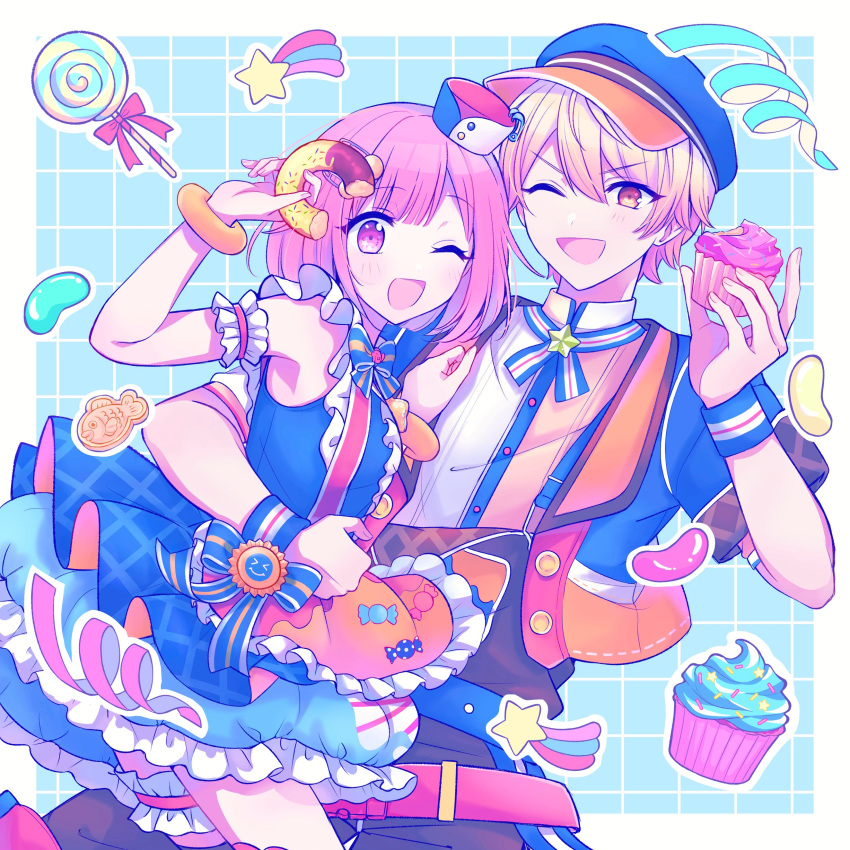 1boy 1girl absurdres arm_around_waist arm_strap blonde_hair blunt_bangs bob_cut bow buttons candy commentary_request cowboy_shot cupcake food gradient_hair hair_between_eyes hat highres holding holding_food jelly_bean lollipop looking_at_viewer multicolored_hair official_alternate_costume one_eye_closed ootori_emu open_mouth orange_eyes orange_hair pink_eyes pink_hair pnyo_emc pop_in_my_heart!!_(project_sekai) project_sekai red_bow short_hair short_sleeves sleeveless sprinkles star_(symbol) tenma_tsukasa wristband