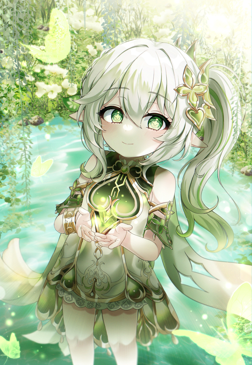 1girl absurdres blush braid closed_mouth facing_viewer female_child flower-shaped_pupils genshin_impact green_eyes green_hair highres looking_to_the_side multicolored_hair nahida_(genshin_impact) pointy_ears ryunbi shirt shorts side_ponytail solo symbol-shaped_pupils white_hair