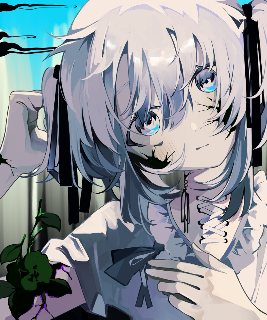 1girl adjusting_hair black_eyes black_ribbon blue_background blue_eyes blush closed_mouth collar dot_nose expressionless flat_chest frilled_collar frills grey_hair grey_shirt hair_between_eyes hair_ribbon hand_on_own_chest head_tilt highres long_bangs long_hair looking_at_viewer original ribbon shirt short_sleeves short_twintails sidelocks solo straight-on toasu twintails two-tone_eyes upper_body