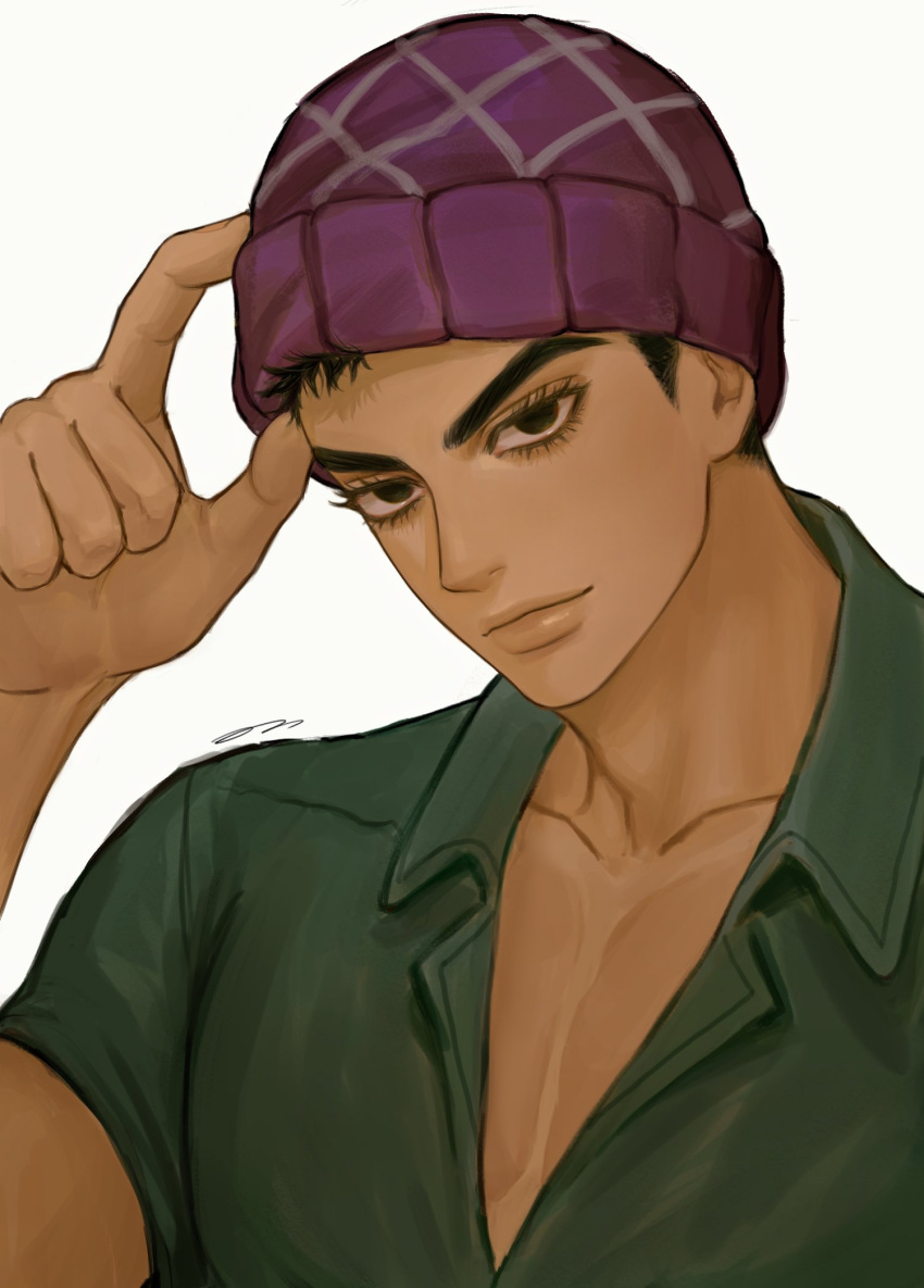 1boy beanie black_eyes black_hair closed_mouth collarbone collared_shirt green_shirt guido_mista hand_up hat highres jojo_no_kimyou_na_bouken looking_at_viewer male_focus on0n partially_unbuttoned purple_headwear shirt short_hair simple_background solo tsurime upper_body vento_aureo white_background