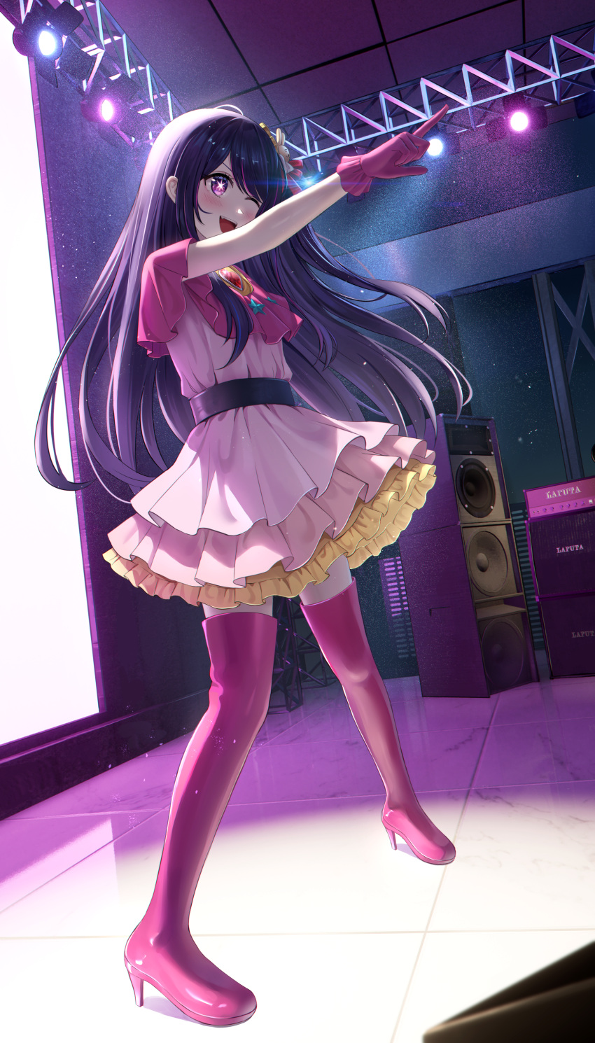 1girl ;d absurdres belt black_belt blush boots brooch commentary dress frilled_dress frilled_gloves frills full_body gloves hair_between_eyes hair_ornament hair_ribbon heart heart_brooch highres hoshino_ai_(oshi_no_ko) idol idol_clothes jewelry light_particles long_hair nay one_eye_closed open_mouth oshi_no_ko pink_dress pink_footwear pink_gloves pointing rabbit_hair_ornament red_ribbon ribbon sidelocks smile solo speaker stage stage_lights star-shaped_pupils star_(symbol) swept_bangs symbol-shaped_pupils teeth thigh_boots upper_teeth_only violet_eyes zettai_ryouiki