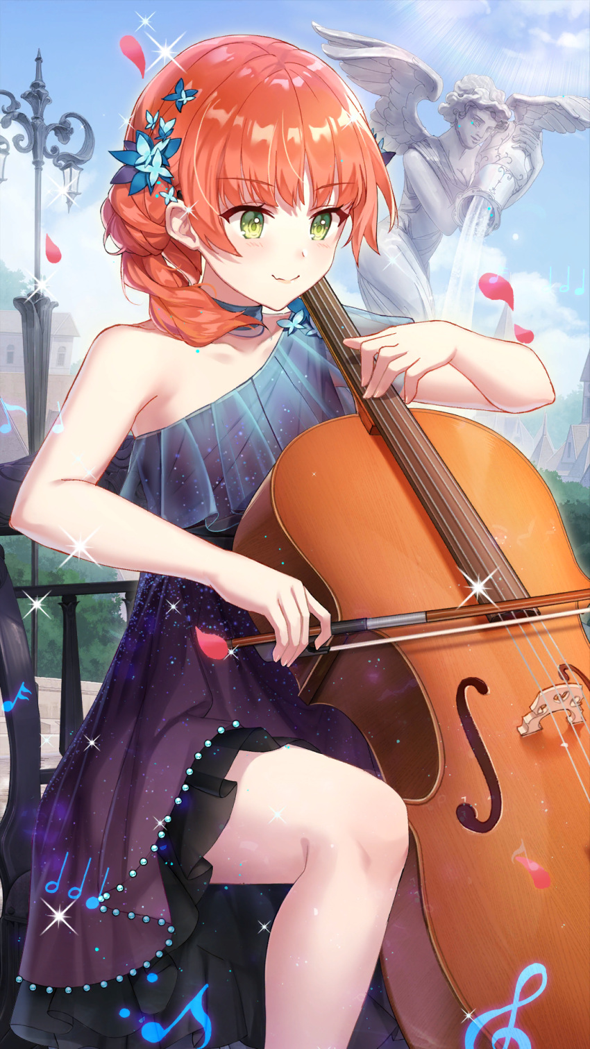 1girl bare_legs blue_choker blue_sky blush bow_(music) braid butterfly_hair_ornament cello choker closed_mouth day dress eighth_note falling_petals fang feet_out_of_frame fountain girl_cafe_gun green_eyes hair_ornament half_note highres holding_bow_(music) instrument lamppost layered_dress looking_ahead low_ponytail medium_hair music musical_note off-shoulder_dress off_shoulder official_art orange_hair outdoors petals playing_instrument purple_dress quarter_note rococo_(girl_cafe_gun) single_bare_shoulder single_braid single_off_shoulder sitting sitting_on_bench sixteenth_note skin_fang sky smile solo sparkle statue treble_clef