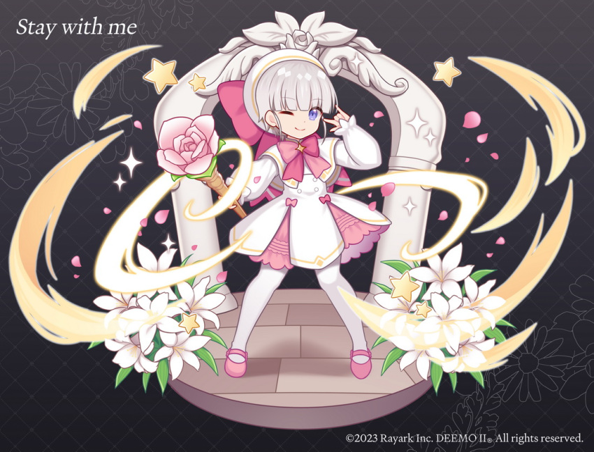 1girl ;) \m/ beret blue_eyes bow capelet character_request closed_mouth deemo dress english_text flower grey_hair hat hat_bow hitsuki_rei holding holding_staff long_sleeves looking_at_viewer official_art one_eye_closed pantyhose petals pink_bow pink_flower pink_footwear puffy_long_sleeves puffy_sleeves shoes smile solo staff standing star_(symbol) white_capelet white_dress white_flower white_headwear white_pantyhose