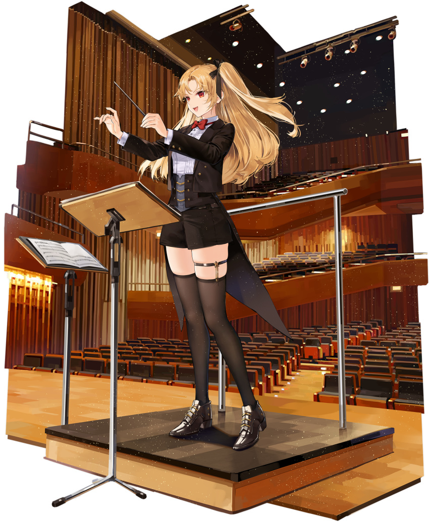 1girl absurdres artist_request azur_lane baton_(conducting) black_jacket black_shorts black_thighhighs blonde_hair bow bowtie cleveland_(azur_lane) cleveland_(golden_conductor)_(azur_lane) closed_eyes conductor full_body high_heels highres jacket long_hair long_sleeves music_stand non-web_source official_alternate_costume official_art one_side_up open_mouth red_bow red_bowtie red_eyes sheet_music short_shorts shorts skindentation smile solo thigh-highs thigh_strap