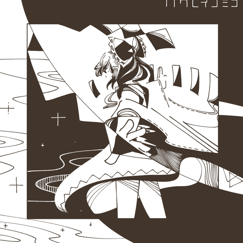1girl 3ma_can_omochi abstract blending border closed_mouth commentary_request cropped_legs detached_sleeves floating_hair from_side greyscale hair_tubes hakurei_reimu highres inverted_colors japanese_clothes kuji-in looking_ahead medium_hair miko monochrome necktie ofuda outstretched_arms profile serious shide solo sparkle spread_arms touhou translation_request wide_sleeves