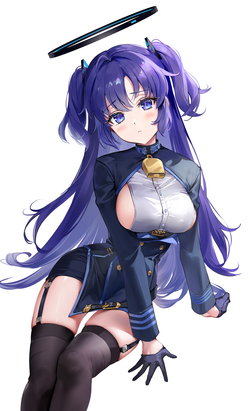 1girl absurdres ako_(blue_archive) ako_(blue_archive)_(cosplay) bell blue_archive breasts buttons cosplay cowbell double-breasted garter_straps gloves half_gloves halo highres large_breasts long_hair looking_at_viewer neck_bell parted_bangs purple_hair rity sideboob sidelocks simple_background thigh-highs two_side_up violet_eyes yuuka_(blue_archive)