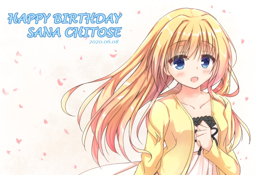1girl 2020 :d black_ribbon blonde_hair blue_eyes blush breasts center_frills chitose_sana clenched_hand collarbone commentary_request dated dress eyelashes eyes_visible_through_hair falling_petals frills hair_between_eyes hair_down hair_intakes hand_up happy happy_birthday igarashi_kenji jacket long_hair long_sleeves looking_at_viewer open_clothes open_jacket open_mouth petals pink_background pink_dress ribbon simple_background small_breasts smile solo tenshinranman upper_body wind wind_lift yellow_jacket