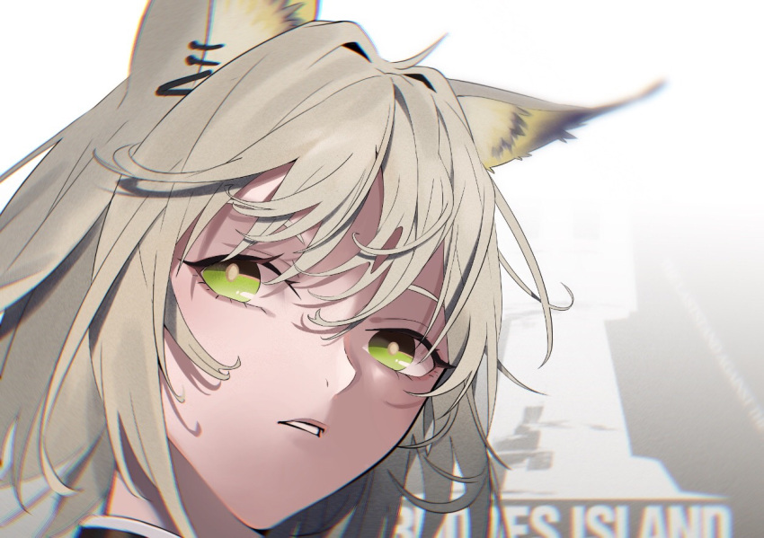 1girl animal_ears arknights cat_ears cat_girl chromatic_aberration close-up commentary ear_piercing green_eyes green_hair hair_between_eyes igawa_hikaru kal'tsit_(arknights) long_hair looking_at_viewer parted_lips piercing portrait rhodes_island_logo sidelocks solo white_background