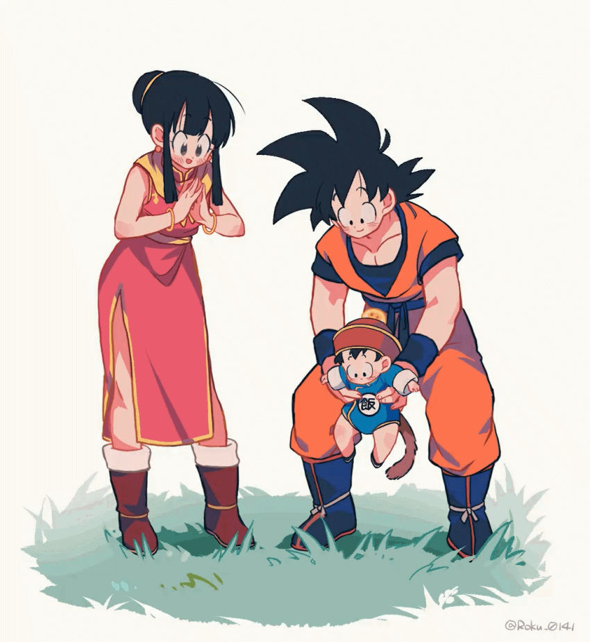 1girl 2boys animated animated_gif baby black_eyes black_hair boots bracelet carrying carrying_person chi-chi_(dragon_ball) child chinese_clothes dougi dragon_ball dragon_ball_z father_and_son fur_trim grass holding_baby husband_and_wife jewelry monkey_tail mother_and_son multiple_boys on_grass pectorals resisting roku_(roku_0141) saiyan short_hair simple_background smile son_gohan son_goku spiky_hair tail white_background wristband