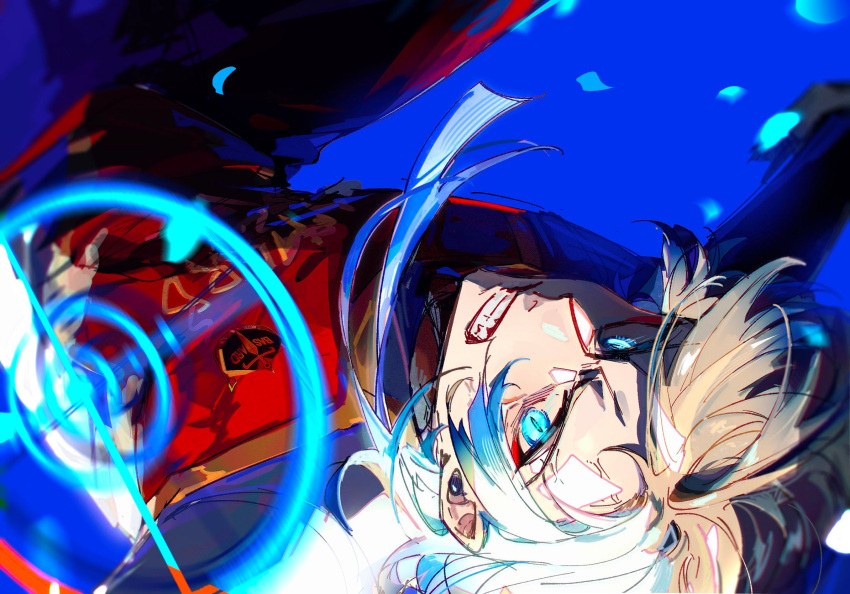 1boy blonde_hair blue_background blue_eyes blue_hair blue_lock clenched_teeth cowboy_shot crosshair frown gradient_hair highres long_sleeves male_focus michael_kaiser multicolored_hair red_shirt red_shorts shirt shorts slit_pupils solo teeth tong_jun two-tone_hair upside-down v-shaped_eyebrows