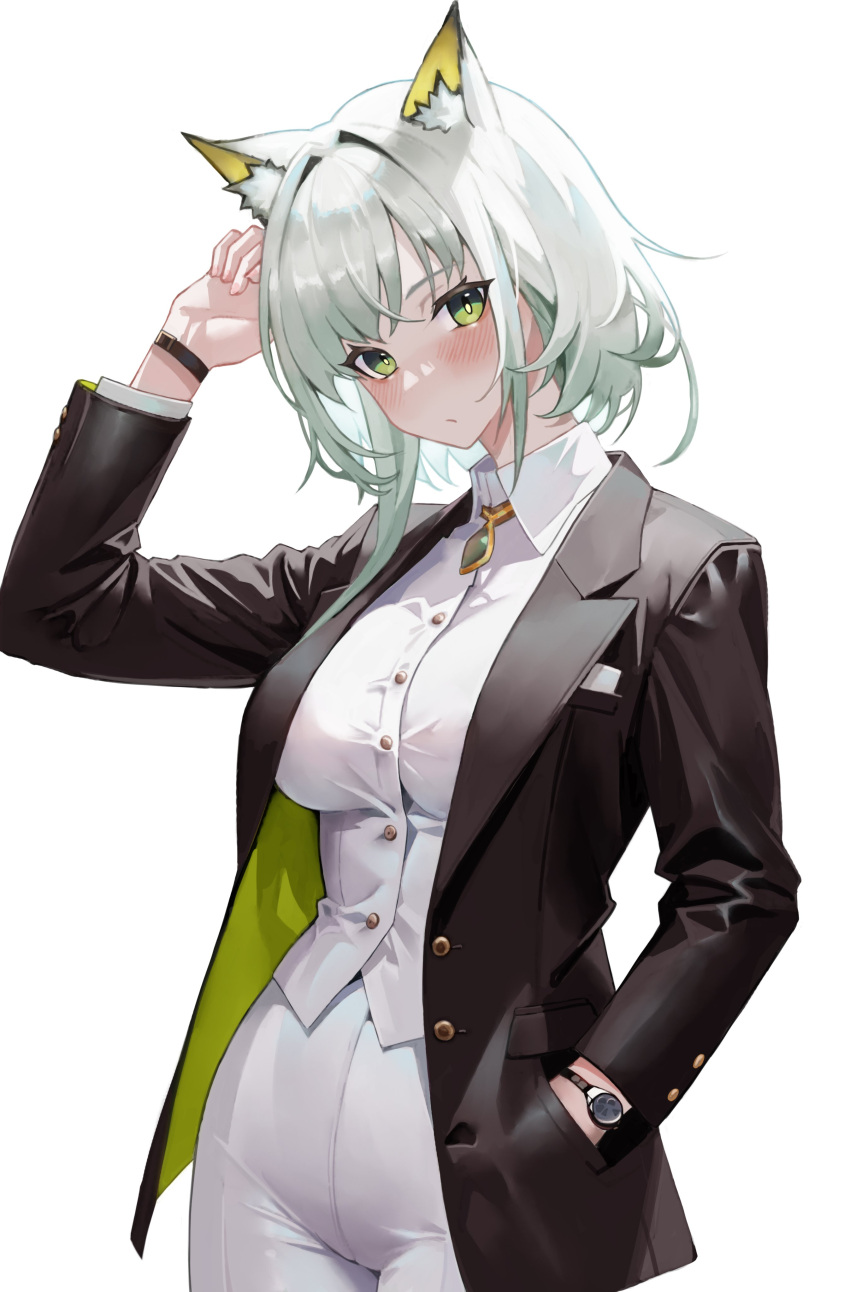1girl absurdres animal_ear_fluff animal_ears arknights black_jacket blush closed_mouth collared_shirt commentary_request dress_shirt green_eyes grey_hair hair_intakes hand_in_pocket highres jacket kal'tsit_(arknights) long_sleeves looking_at_viewer open_clothes open_jacket pants sama_(sama24654684) shirt simple_background solo watch watch white_background white_pants white_shirt