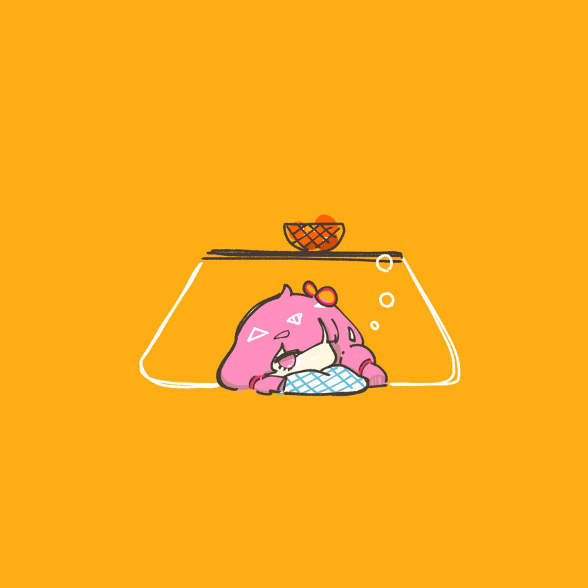 1girl 3ma_can_omochi blunt_bangs bow chibi commentary food fruit fruit_bowl hair_bow half-closed_eyes head_on_pillow highres kotatsu kotonoha_akane long_hair looking_at_viewer lying mandarin_orange on_stomach pink_hair red_bow sidelocks simple_background sleep_bubble sleepy solo table under_kotatsu under_table voiceroid yellow_background