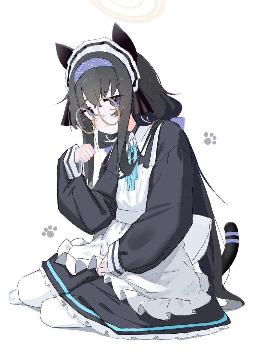 1girl :3 absurdres alternate_costume animal_ears apron aqua_ribbon black_dress black_hair blue_archive blue_eyes blue_hairband blue_ribbon cat_ears cat_tail closed_mouth commentary dress enmaided fake_animal_ears fake_tail frilled_apron frills glasses hair_ribbon hairband halo highres jitome kilabo light_smile long_hair long_sleeves looking_at_viewer low_twintails maid maid_apron maid_headdress neck_ribbon pantyhose paw_pose ribbon round_eyewear sitting sleeves_past_wrists slouching solo tail twintails ui_(blue_archive) very_long_hair white_apron white_pantyhose yokozuwari