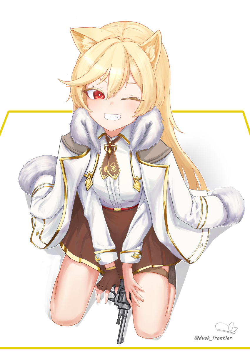 1girl :d absurdres animal_ears blonde_hair breasts brown_gloves brown_neckerchief brown_skirt brown_socks cat_ears coat fang fingerless_gloves fur-trimmed_collar fur-trimmed_sleeves fur_trim girls_frontline gloves gun hair_between_eyes highres light_leave long_hair long_sleeves looking_at_viewer nagant_m1895 nagant_revolver_(girls'_frontline) neckerchief one_eye_closed open_mouth red_eyes revolver shirt shirt_tucked_in simple_background single_glove sitting skirt small_breasts smile socks solo thigh_strap twitter_username wariza weapon white_background white_coat white_shirt
