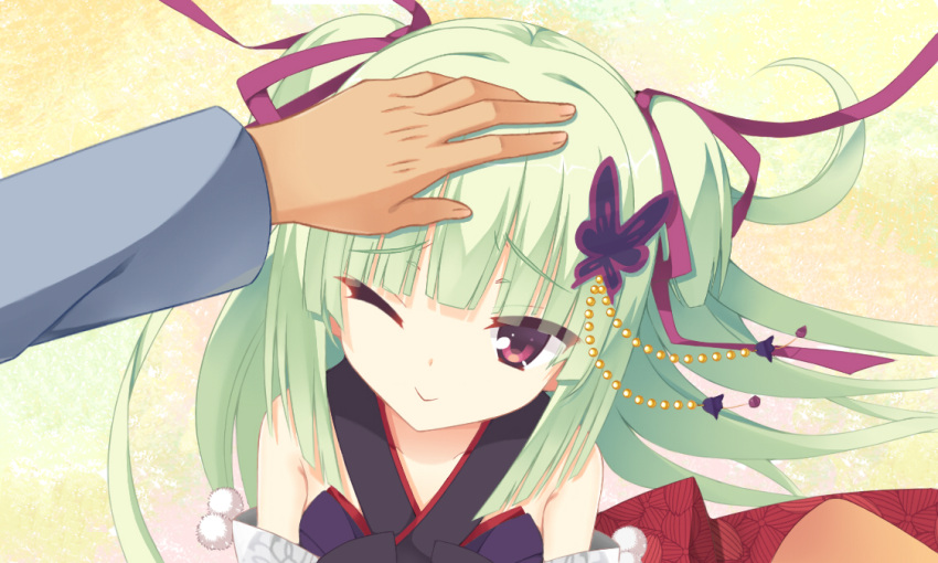 1girl armpit_crease bare_shoulders bell blunt_bangs blunt_ends butterfly_hair_ornament closed_mouth commentary criss-cross_halter detached_sleeves eyes_visible_through_hair furrowed_brow green_background green_hair hair_bell hair_ornament hair_ribbon halterneck happy long_hair looking_at_viewer murasame_(senren) one_eye_closed pom_pom_(clothes) pov pov_hands purple_ribbon red_eyes ribbon scene_reference senren_banka sidelocks simple_background smile solo two_side_up very_long_hair yurin_works
