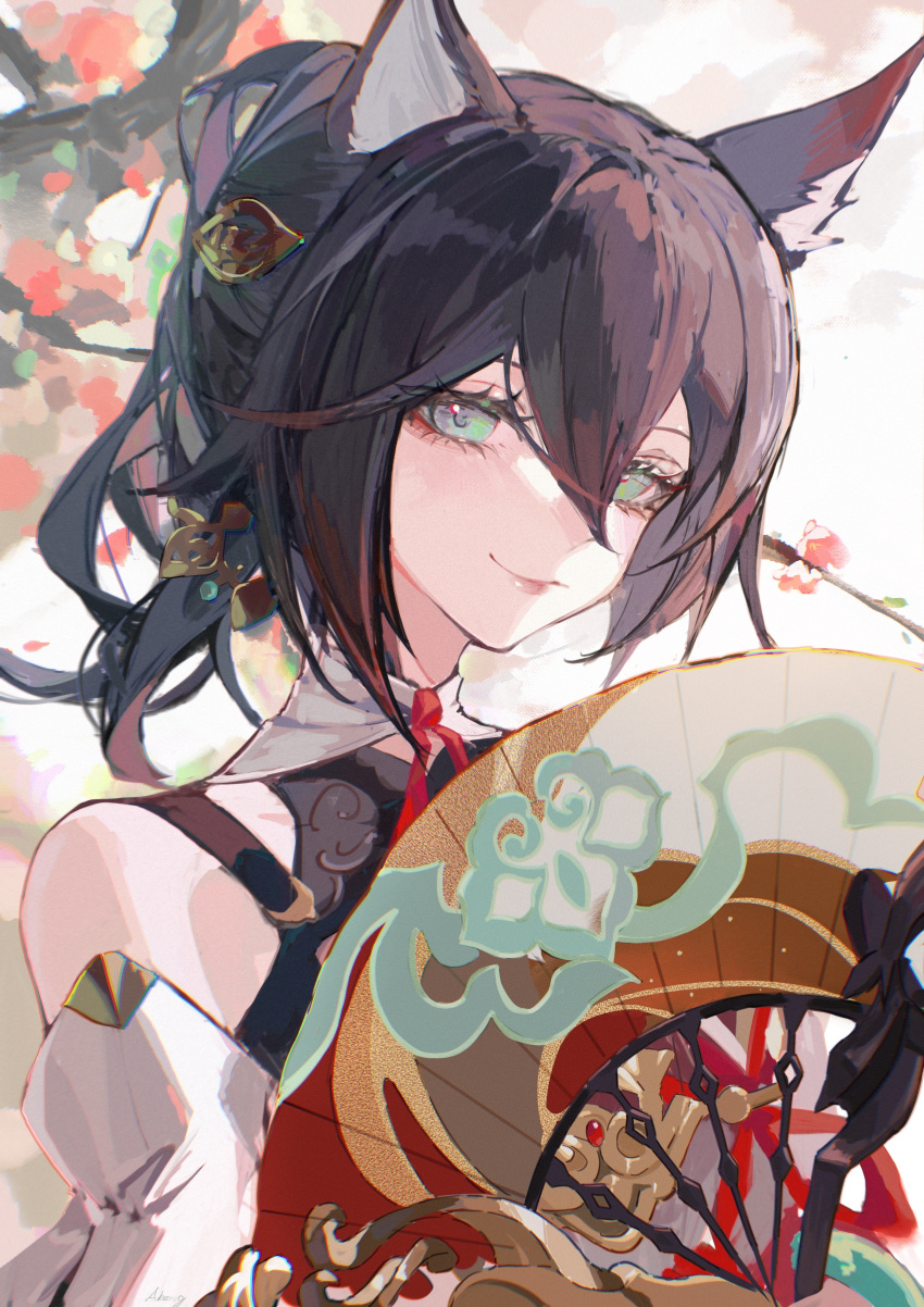 1girl absurdres animal_ears artist_name bare_shoulders brown_hair closed_mouth commentary_request detached_sleeves fox_ears fox_girl green_bracelet green_eyes hand_fan highres holding holding_fan honkai:_star_rail honkai_(series) long_hair looking_at_viewer signature smile solo tingyun_(honkai:_star_rail) upper_body white_sleeves yutou_(yutou75)
