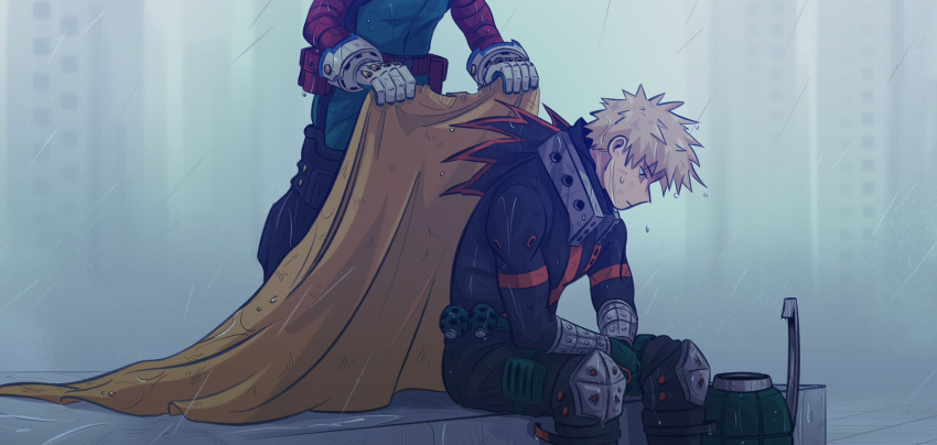 2boys black_bodysuit blonde_hair bodysuit boku_no_hero_academia cape cape_removed closed_mouth commentary daniartonline english_commentary gloves highres holding holding_cape holding_clothes knee_pads looking_down male_focus midoriya_izuku multiple_boys rain short_hair sitting spiky_hair standing wet wet_hair white_gloves yellow_cape