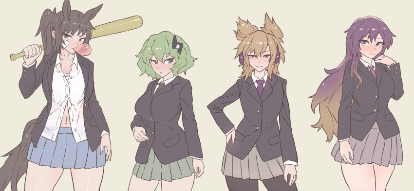 4girls alternate_costume baseball_bat black_hair black_jacket blazer blonde_hair blue_skirt bow collared_shirt dress_shirt earmuffs gradient_hair green_hair green_necktie green_skirt grey_skirt hair_bow highres hijiri_byakuren horse_tail jacket kurokoma_saki midriff_peek miniskirt multicolored_hair multiple_girls navel necktie open_clothes pantyhose pointy_hair ponytail purple_hair purple_necktie sarashi senmura shirt skirt soga_no_tojiko tail touhou toyosatomimi_no_miko violet_eyes white_shirt