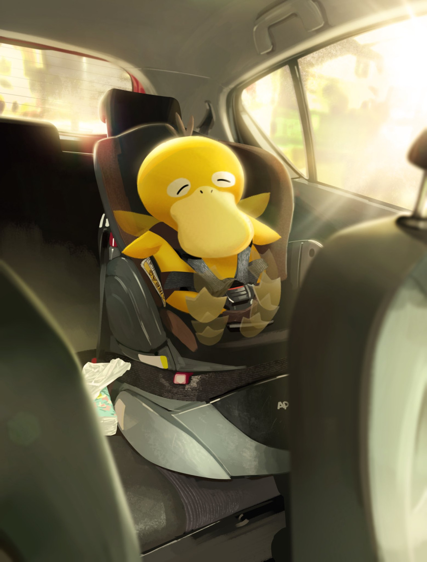 beak car car_interior car_seat closed_eyes day highres motor_vehicle nihei92729 no_humans pokemon pokemon_(creature) psyduck sitting solo waving_arms