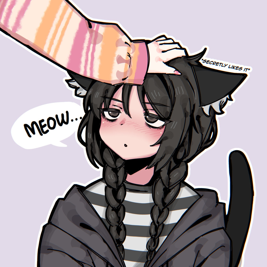 2girls animal_ear_fluff animal_ears bags_under_eyes black_eyes black_hair black_hoodie blush braid cat_ears cat_girl cat_tail chestnut_mouth colored_stripes commentary english_commentary english_text hand_on_another's_head headpat highres hood hoodie long_hair multiple_girls nail_polish original pink_nails purple_background shirt snale sound_effects speech_bubble striped striped_shirt striped_sweater sweater tail twin_braids