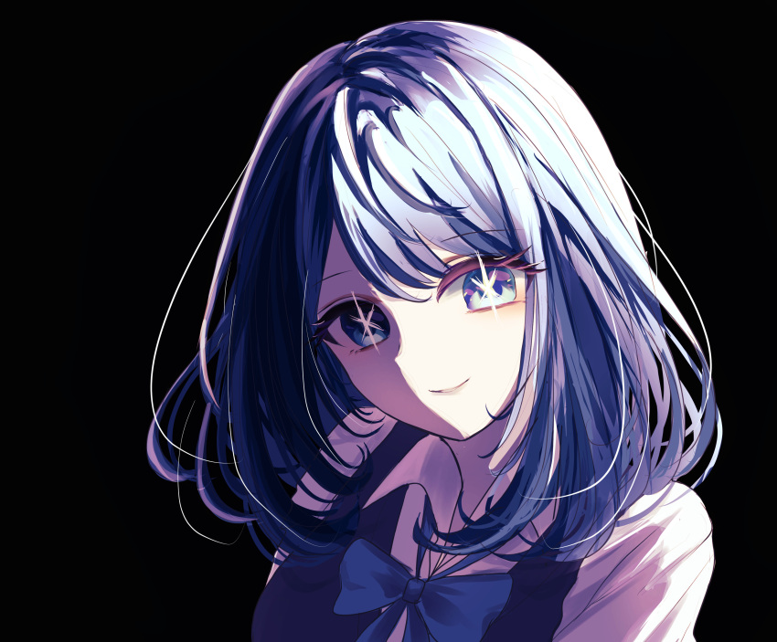 1girl absurdres black_background blue_bow blue_bowtie blue_eyes blue_hair blue_sweater_vest bow bowtie chimy collared_shirt commentary_request hair_between_eyes highres kurokawa_akane looking_at_viewer medium_hair oshi_no_ko parted_lips shade shirt sidelighting simple_background smile solo star-shaped_pupils star_(symbol) sweater_vest symbol-shaped_pupils upper_body white_shirt