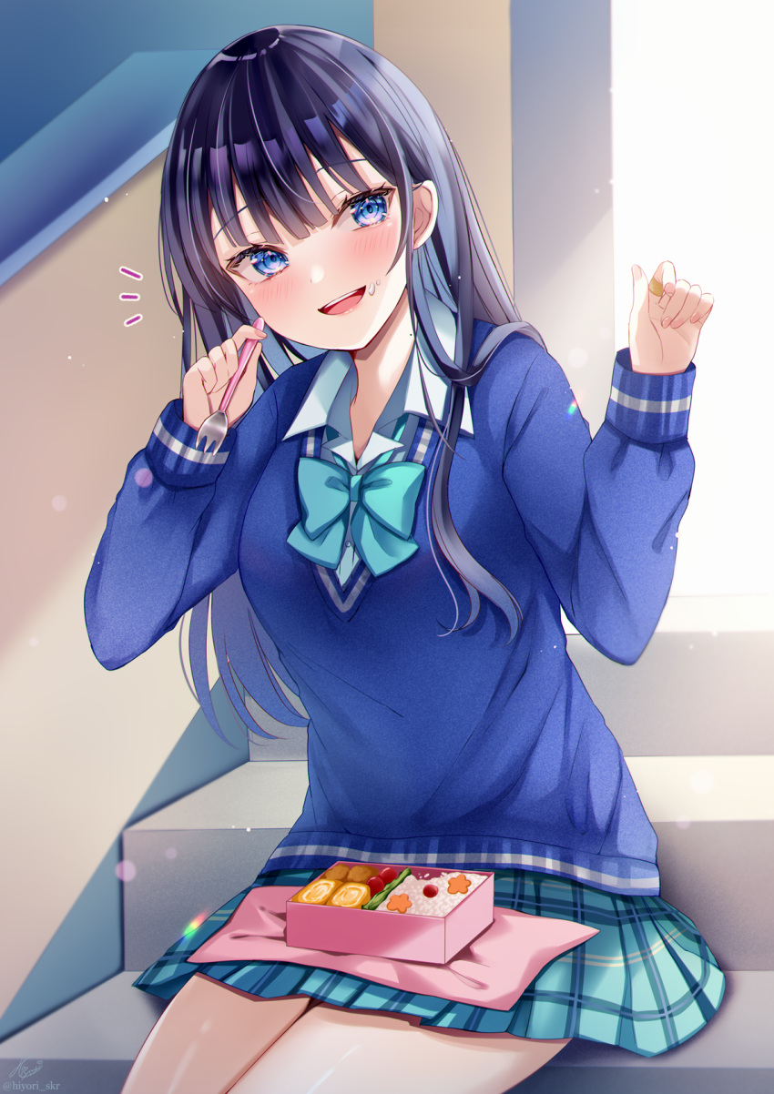 1girl :d bandaid bandaid_on_hand bento black_hair blue_bow blue_eyes blue_skirt blue_sweater bow collared_shirt commentary_request day dress_shirt food food_on_face fork highres holding holding_fork long_hair long_sleeves looking_at_viewer mole mole_on_neck nail_polish original pink_nails plaid plaid_skirt pleated_skirt puffy_long_sleeves puffy_sleeves sakura_hiyori school_uniform shirt sitting sitting_on_stairs skirt sleeves_past_wrists smile solo stairs sunlight sweater very_long_hair white_shirt