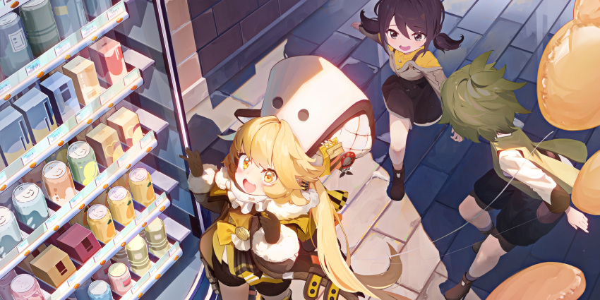 1boy 2girls 999kun balloon blonde_hair breasts female_child gloves green_hair highres honkai:_star_rail honkai_(series) hook_(honkai:_star_rail) long_hair male_child multiple_girls open_mouth outdoors small_breasts standing teeth upper_teeth_only vending_machine yellow_eyes