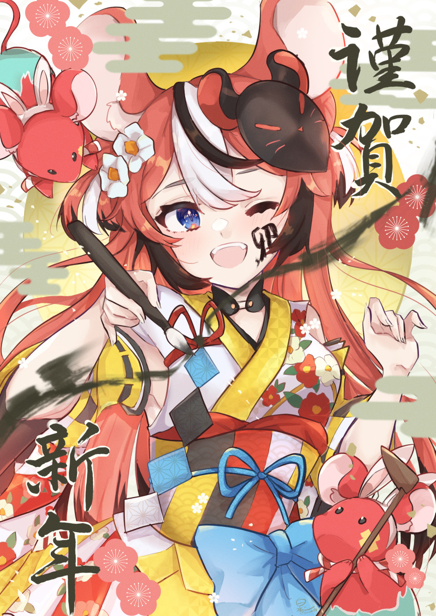1girl :d absurdres animal_ears black_hair blue_eyes calligraphy_brush commentary_request egasumi facepaint fake_animal_ears floral_print flower hair_flower hair_ornament hakos_baelz hakos_baelz_(2nd_costume) happy_new_year highres hirasawa_izumi holding holding_brush hololive hololive_english kine long_hair looking_at_viewer mallet mask mask_on_head mouse_ears mouse_girl mr._squeaks_(hakos_baelz) multicolored_hair one_eye_closed oni paintbrush rabbit_ears redhead smile streaked_hair virtual_youtuber white_hair