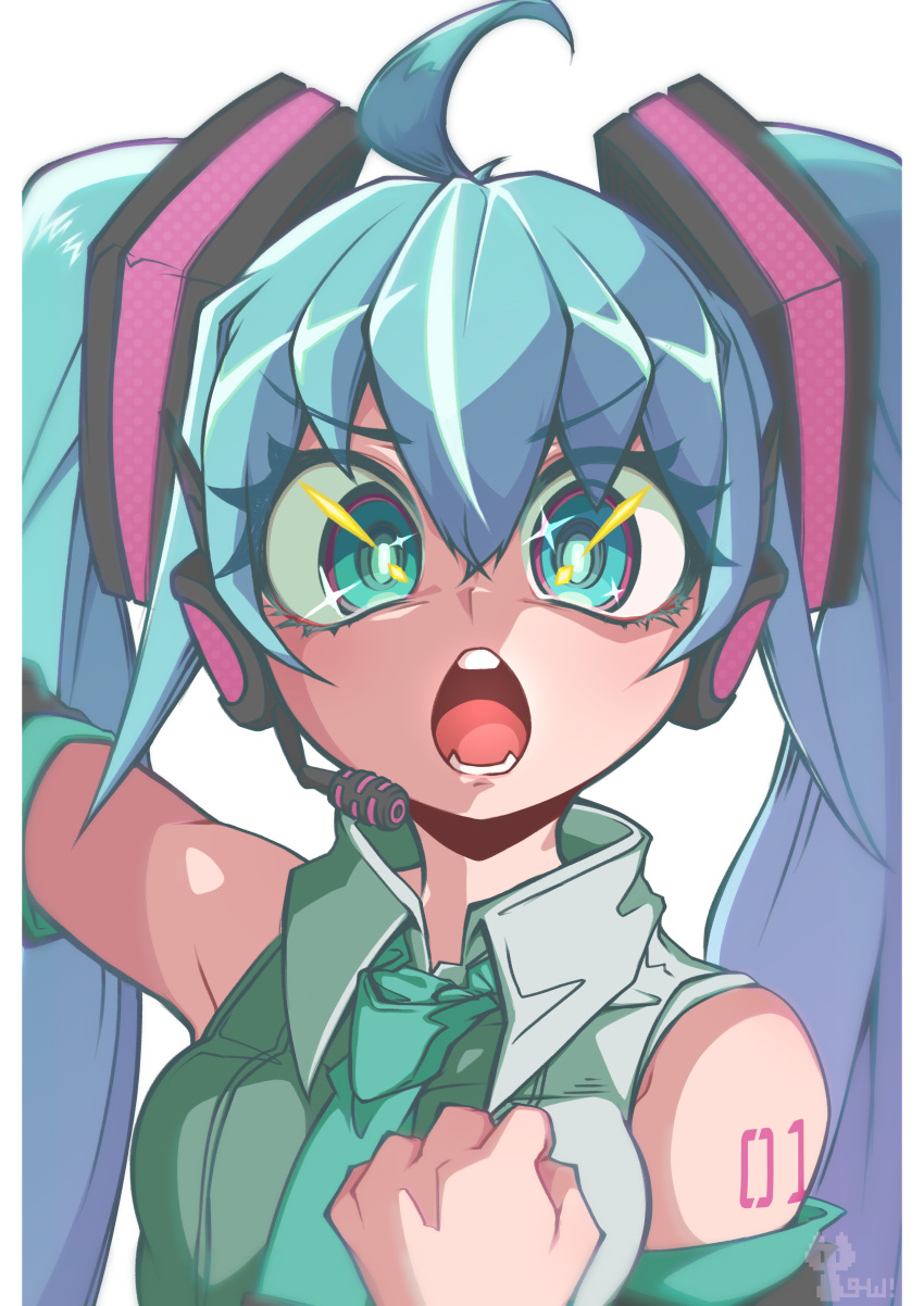 1girl absurdres ahoge aqua_necktie bare_shoulders black_sleeves blue_eyes blue_hair breasts collared_shirt crossed_bangs detached_sleeves eyelashes eyes_visible_through_hair grey_shirt hair_between_eyes hand_on_own_chest hand_up hatsune_miku headphones highres long_hair looking_at_viewer microphone necktie number_tattoo open_mouth sakumochi_(pixiv4431677) shirt shoulder_tattoo simple_background small_breasts solo tattoo teeth twintails v-shaped_eyebrows vocaloid white_background