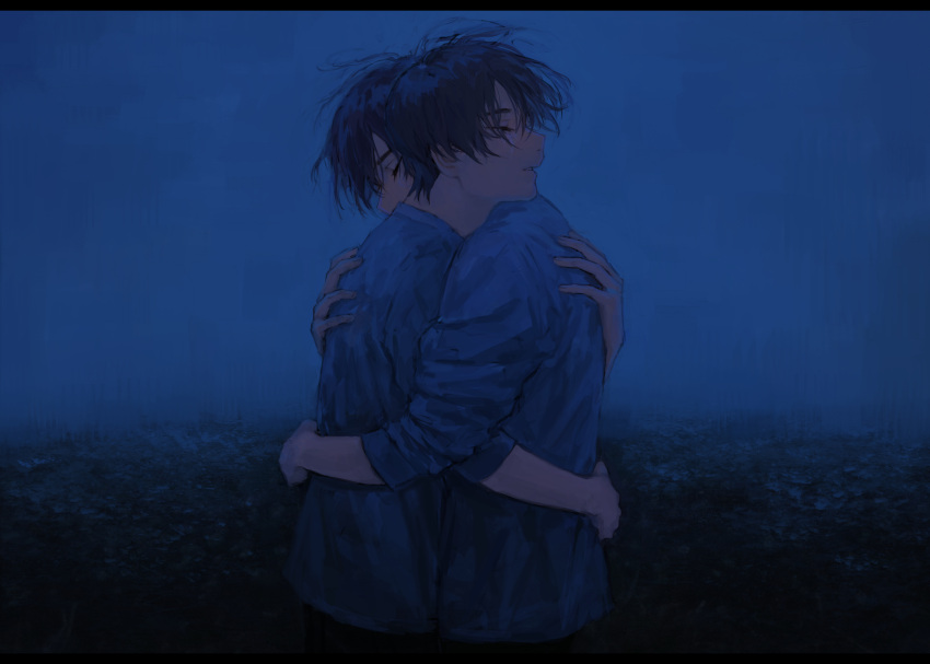 2boys absurdres black_hair blue_shirt blue_sky closed_eyes from_side ground hair_between_eyes hand_on_another's_back highres hug long_sleeves male_focus messy_hair multiple_boys original painterly parted_lips shirt short_hair sky standing tears yuikawa_(00hyr)