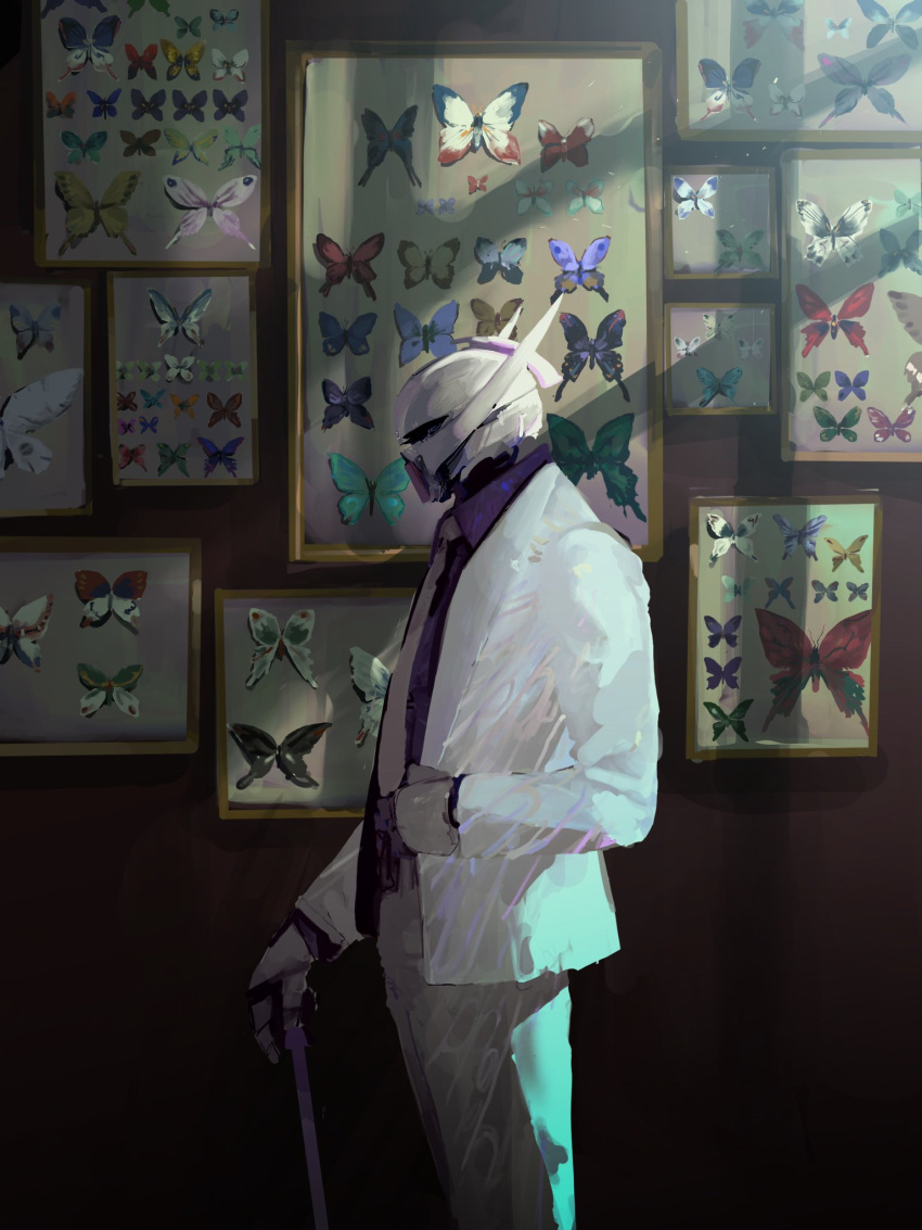 bug butterfly cane clothed_robot commentary_request facial_hair formal framed_insect from_side gundam highres holding holding_cane indoors jacket long_sleeves mecha mobile_suit mustache necktie pants picture_frame purple_shirt rintaro_komori robot shirt solo standing suit suit_jacket sunlight too_many_butterflies turn_a_gundam turn_a_gundam_(mobile_suit) white_jacket white_necktie white_pants white_suit window_shade