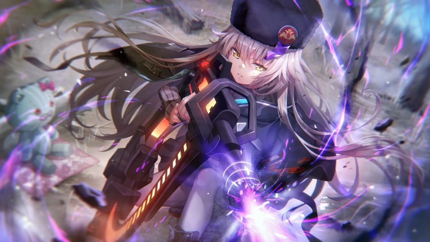 1girl attack charlotta_skopovskaya doll grey_hair grey_pantyhose hat heaven_burns_red highres holding holding_weapon long_hair non-web_source official_art pantyhose russian_clothes solo squatting weapon yellow_eyes
