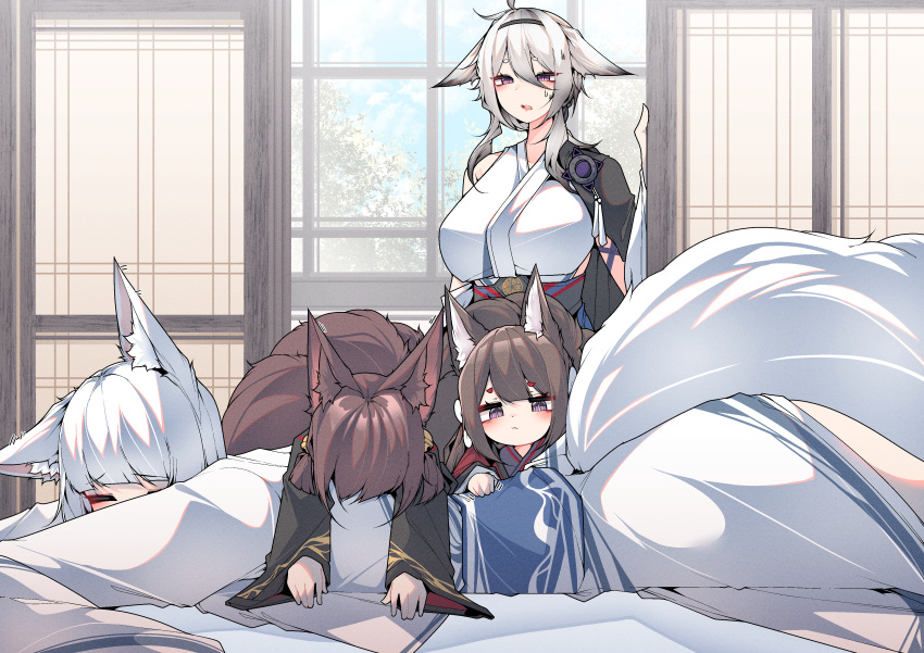 4girls absurdres akagi-chan_(azur_lane) amagi-chan_(azur_lane) animal_ears azur_lane bell bent_over black_hairband black_kimono blush breasts brown_hair day eyeshadow facing_viewer fox_ears fox_girl fox_tail hair_bell hair_between_eyes hair_ornament hairband hand_on_another's_back hand_up highres japanese_clothes kaga_(azur_lane) kimono kitsune large_breasts long_hair long_sleeves looking_at_another lying makeup medium_hair multiple_girls on_stomach open_mouth red_eyeshadow samip sleeping sleeping_on_person slit_pupils tail teeth tosa_(azur_lane) upper_teeth_only violet_eyes white_hair white_kimono wide_sleeves