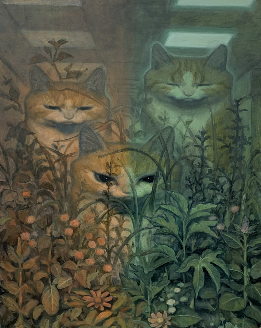 :3 animal_focus black_eyes cat closed_eyes closed_mouth colored_sclera commentary_request flower grey_sclera highres indoors karin_hosono no_humans orange_cat orange_flower original plant red_flower surreal white_flower wide_face