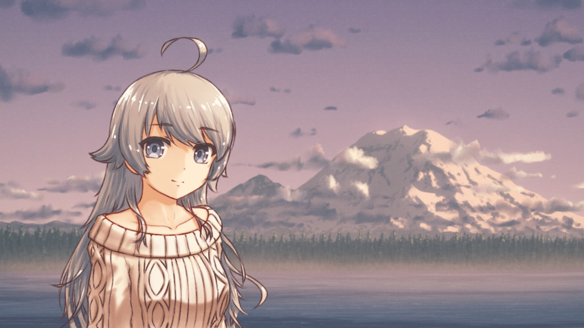 1girl ahoge closed_mouth collarbone commentary english_commentary grey_eyes grey_hair highres kantai_collection long_hair long_sleeves looking_at_viewer mountain off-shoulder_sweater off_shoulder outdoors ribbed_sweater solo sweater upper_body vorisar washington_(kancolle) white_sweater